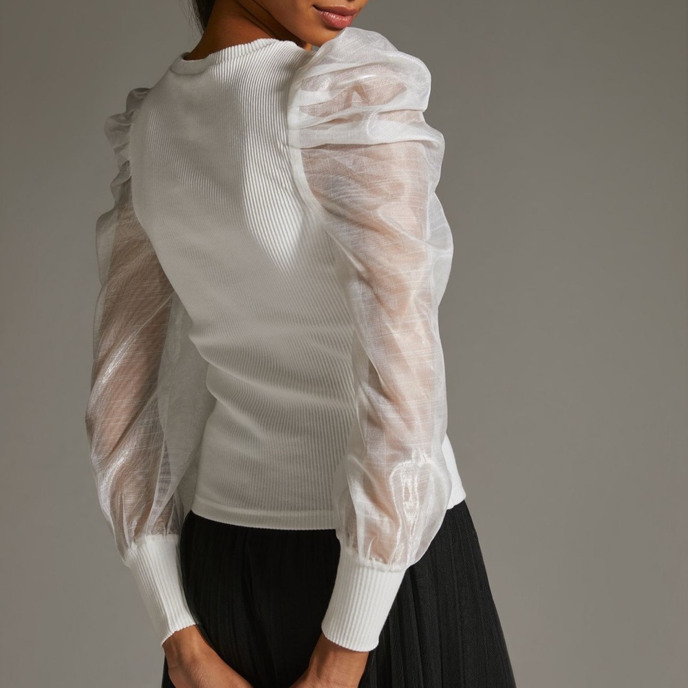 Cream and White Puff Sleeve Crop Blouse